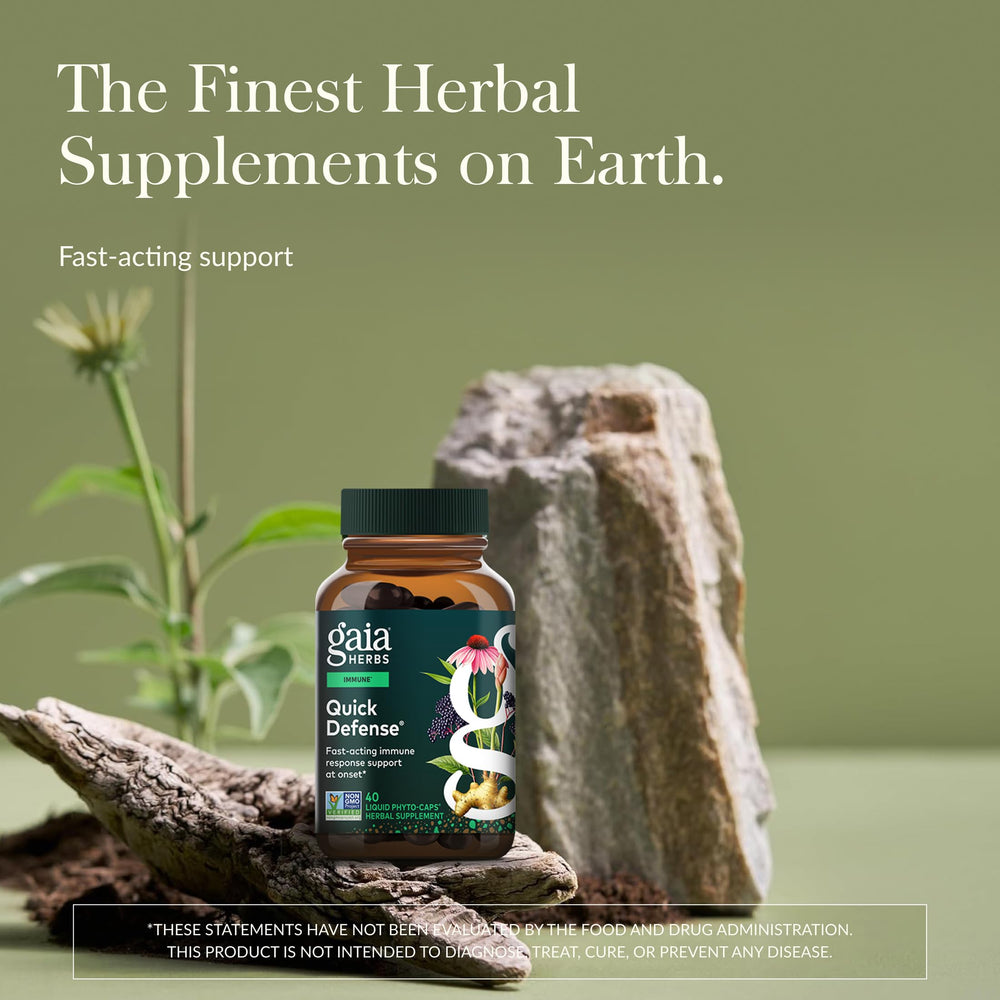 Gaia Herbs Quick Defense bottle side with dosage and easy daily routine note.