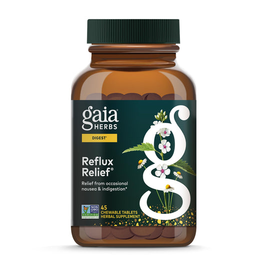 Gaia Herbs Reflux Relief bottle front illustrating herbal blend for occasional heartburn support