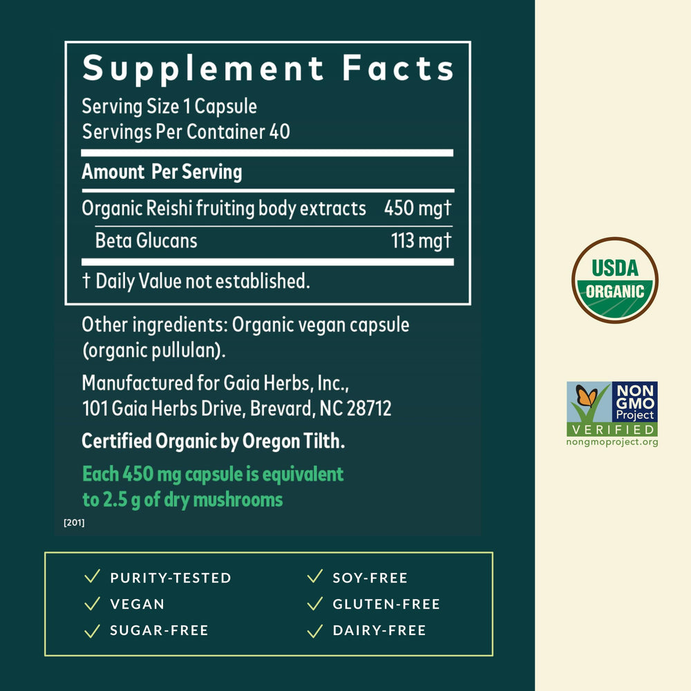 Gaia Herbs Reishi bottle on shelf for daily resilience.