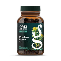 Gaia Herbs Rhodiola Rosea bottle label promoting stress support.
