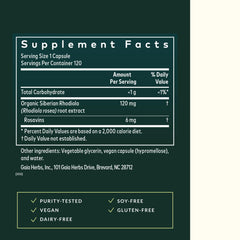 Gaia Herbs Rhodiola Rosea box and bottle highlighting sustainable sourcing and quality.