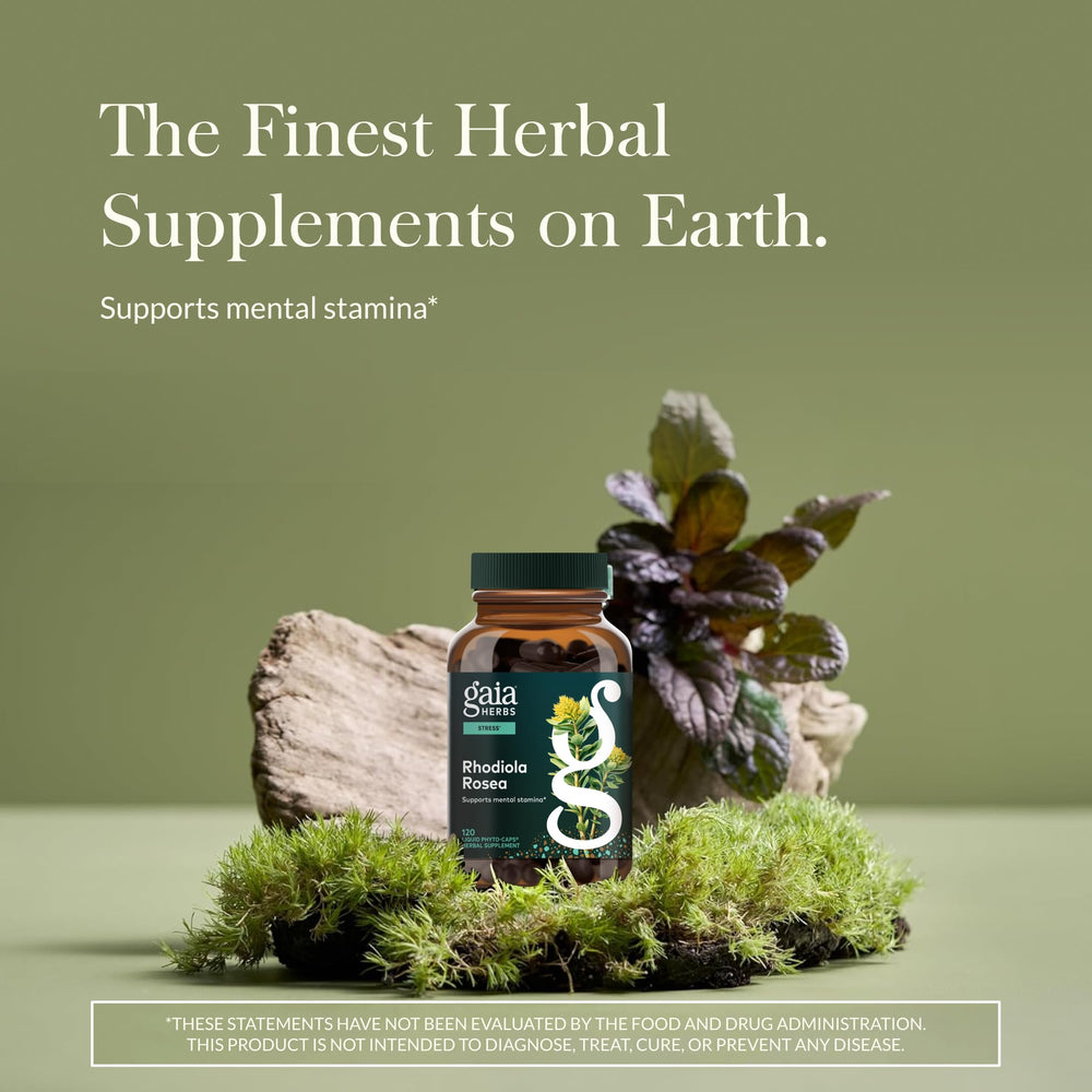 Gaia Herbs Rhodiola Rosea dropper cap close-up highlighting potency.