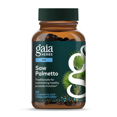 Gaia Herbs Saw Palmetto bottle on display showing plant-based wellness support