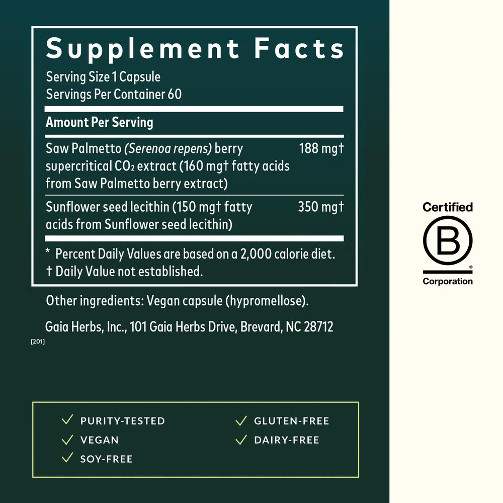 Gaia Herbs Saw Palmetto capsules shown as soft vegan caps