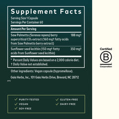Gaia Herbs Saw Palmetto capsules shown as soft vegan caps