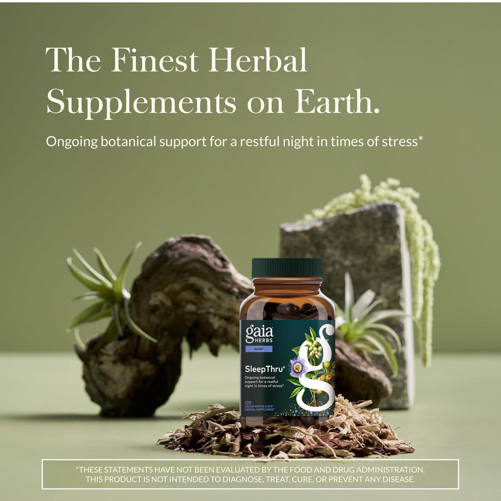 Gaia Herbs SleepThru capsules closeup with label, highlighting herbal formula.