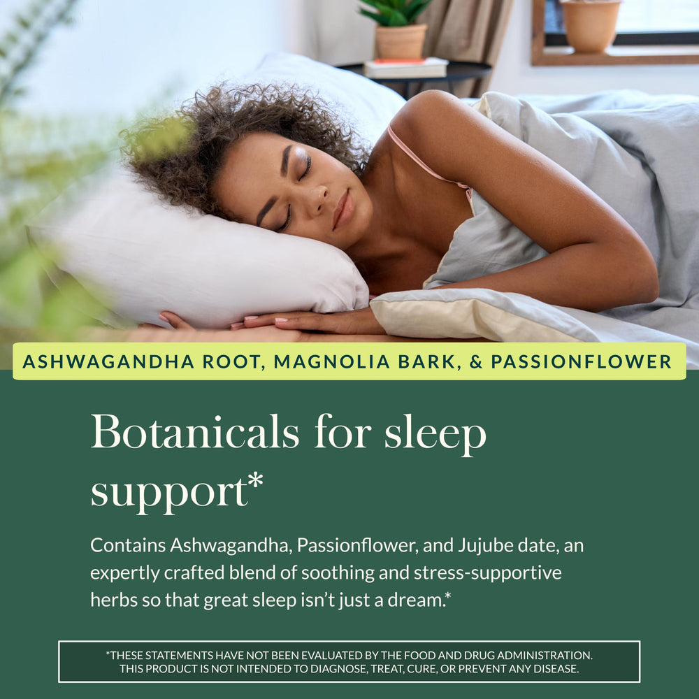 Gaia Herbs SleepThru passionflower shot hints at gentle soothing support.