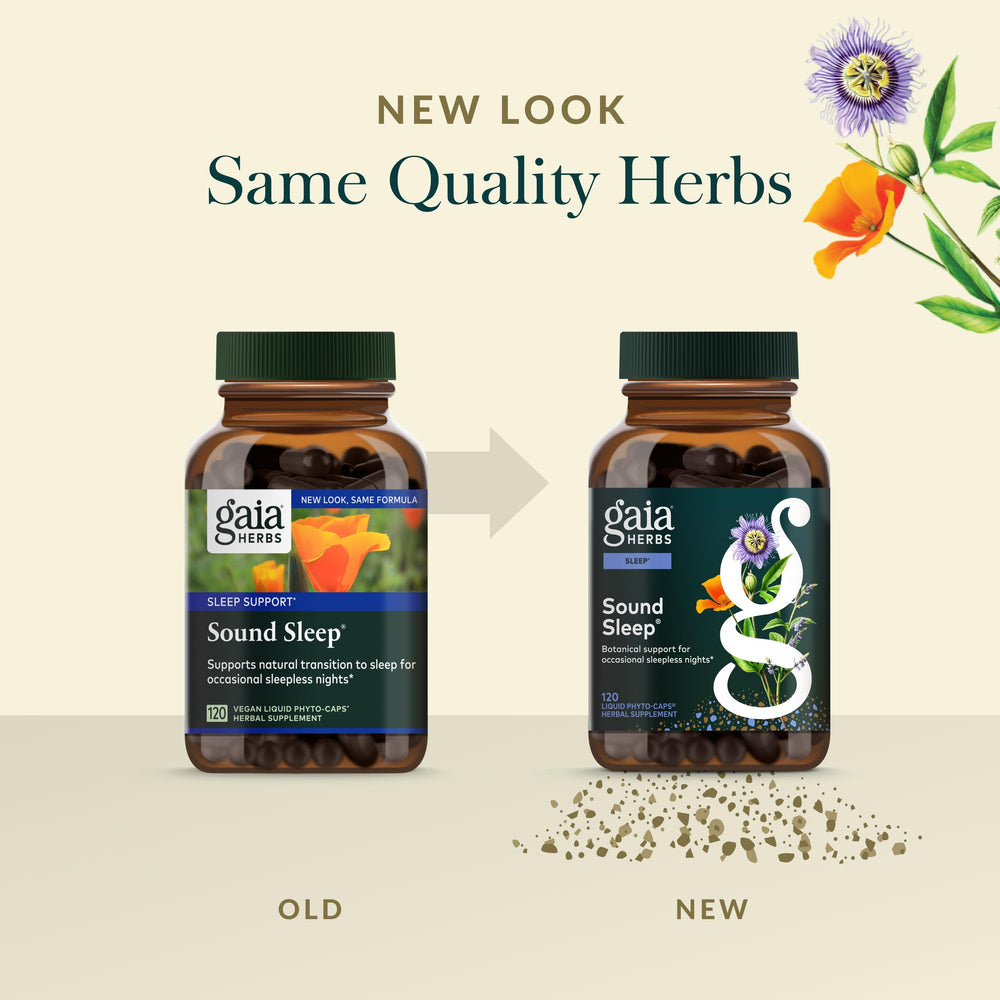 Gaia Herbs Sound Sleep capsules in closeup illustrate plant-based, vegan formula