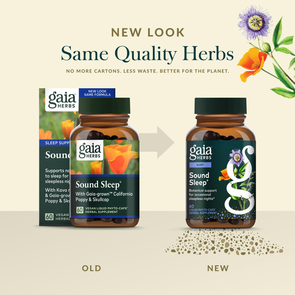 Gaia Herbs Sound Sleep vegan phyto-capsules image emphasizes plant-powered formula.
