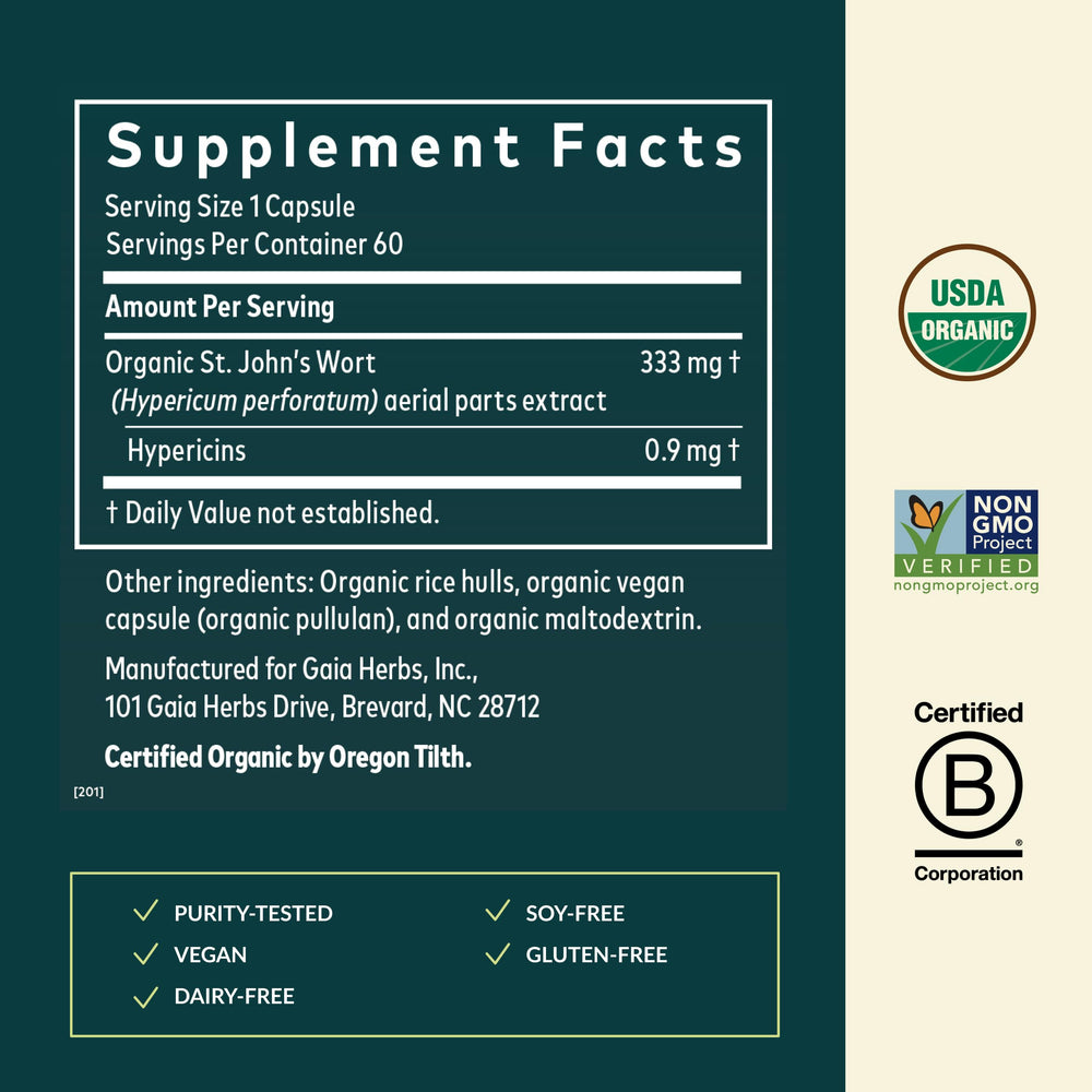 Gaia Herbs St. John's Wort label detail highlights hypericins content