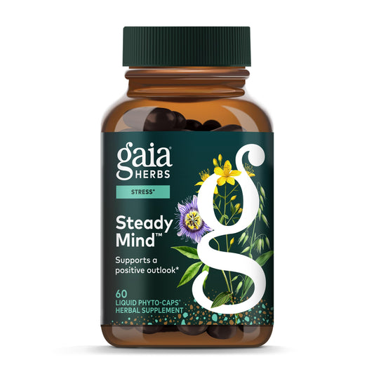 Gaia Herbs Steady Mind bottle for daily stress support and calm focus.