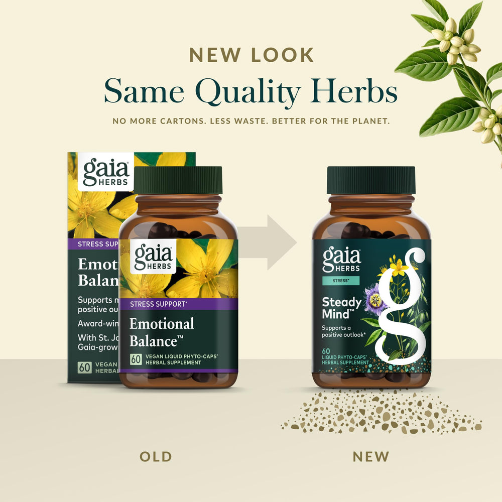 Gaia Herbs Steady Mind bottle with St. John's Wort for mood balance.