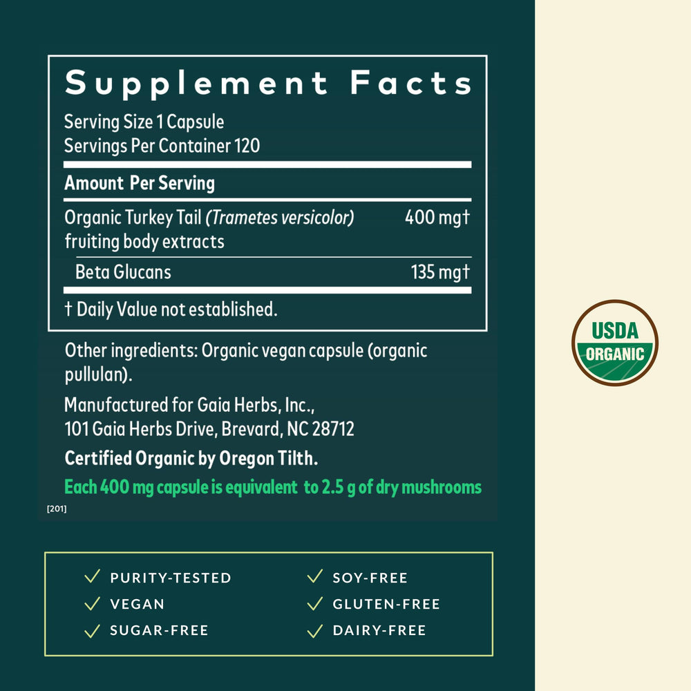 Gaia Herbs Turkey Tail label close-up showing organic fruiting body extract details.