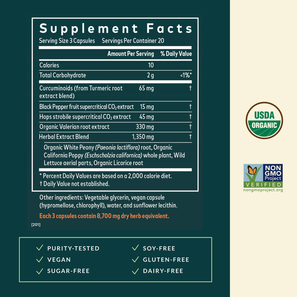 Gaia Herbs Turmeric Supreme Ache P.M. capsules ready for evening use and gentle comfort.
