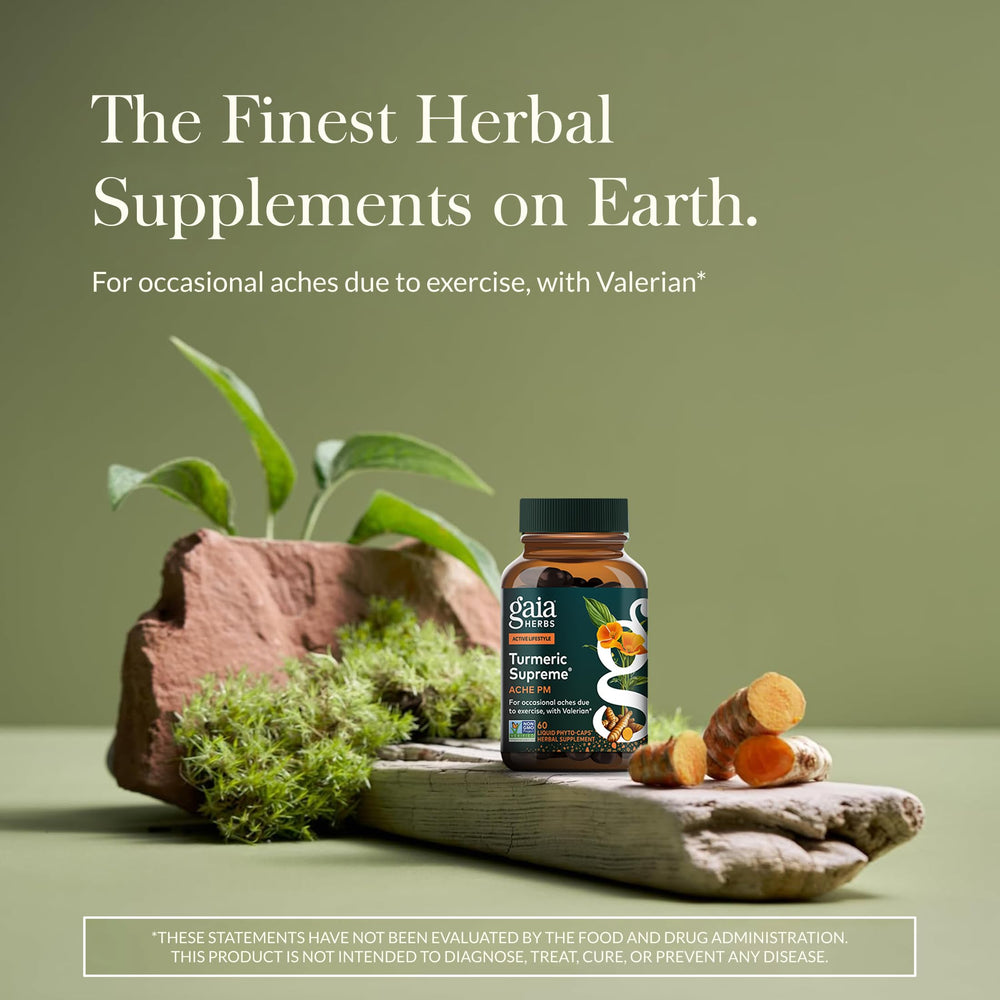 Gaia Herbs Turmeric Supreme Ache P.M. label close-up highlights turmeric and valerian ingredients.