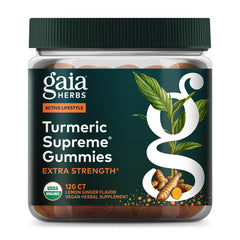 Gaia Herbs Turmeric Supreme Extra Strength bottle pour for on the go wellness