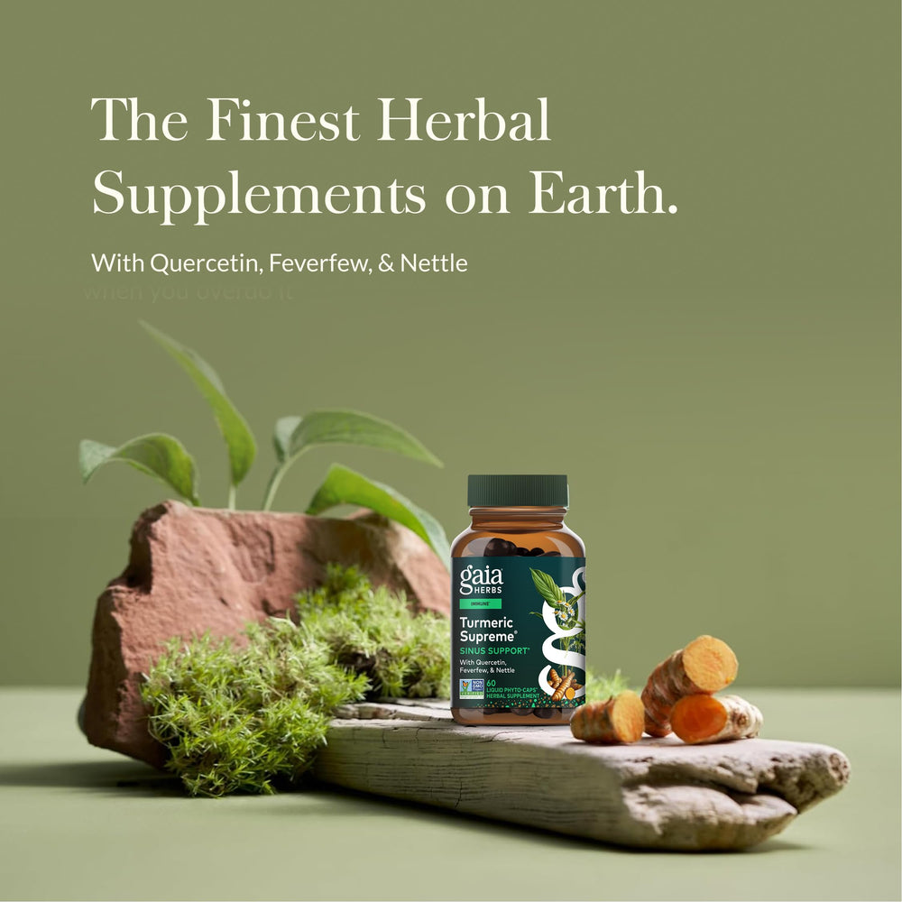 Gaia Herbs Turmeric Supreme Sinus Support label close-up highlighting ingredients and quality.