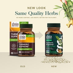 Gaia Herbs Turmeric Supreme Sinus Support vegan phyto-caps packaging emphasizing vegan formula.