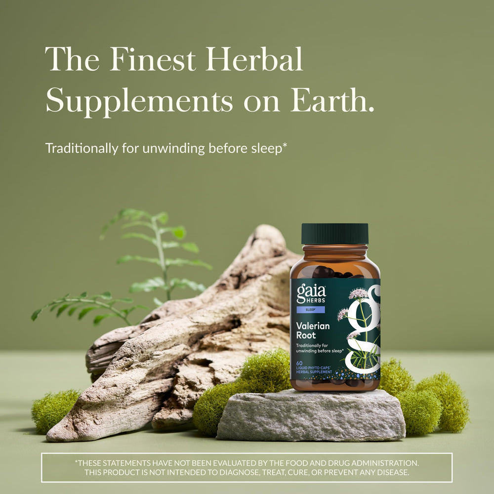 Gaia Herbs Valerian Root capsules close up showing plant based sleep support