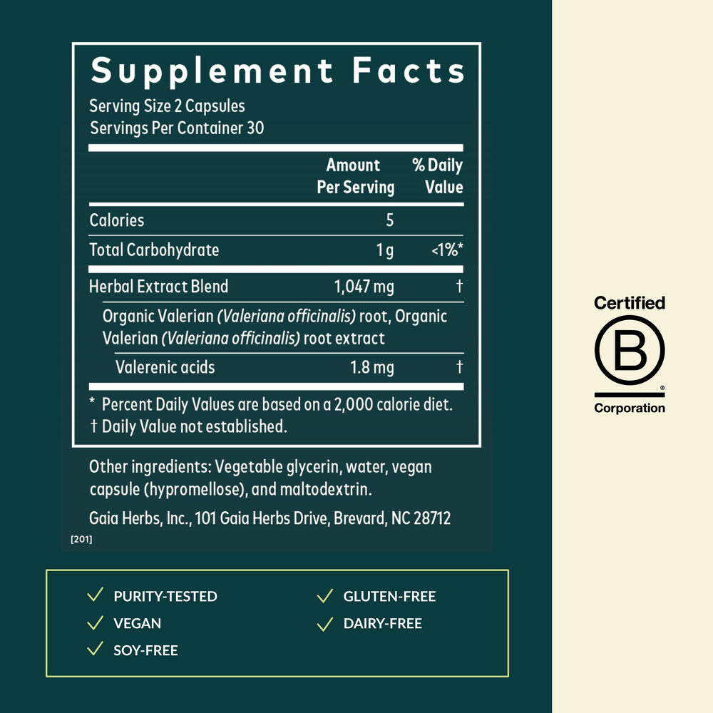 Gaia Herbs Valerian Root label highlights quality and sourcing