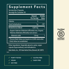 Gaia Herbs Valerian Root label highlights quality and sourcing