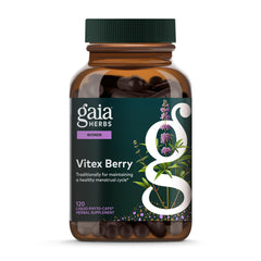 Gaia Herbs Vitex Berry bottle front with vegan capsules for menstrual support.