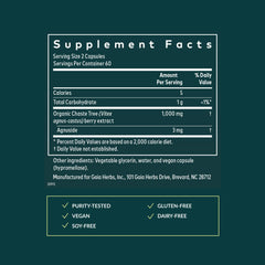 Gaia Herbs Vitex Berry capsules closeup highlighting vegan liquid phyto-cap format.