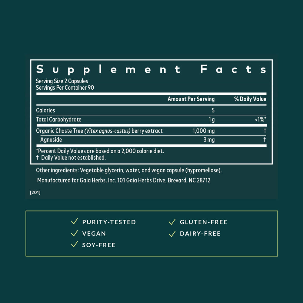 Gaia Herbs Vitex Berry label detail emphasizes ingredient transparency for informed choices.