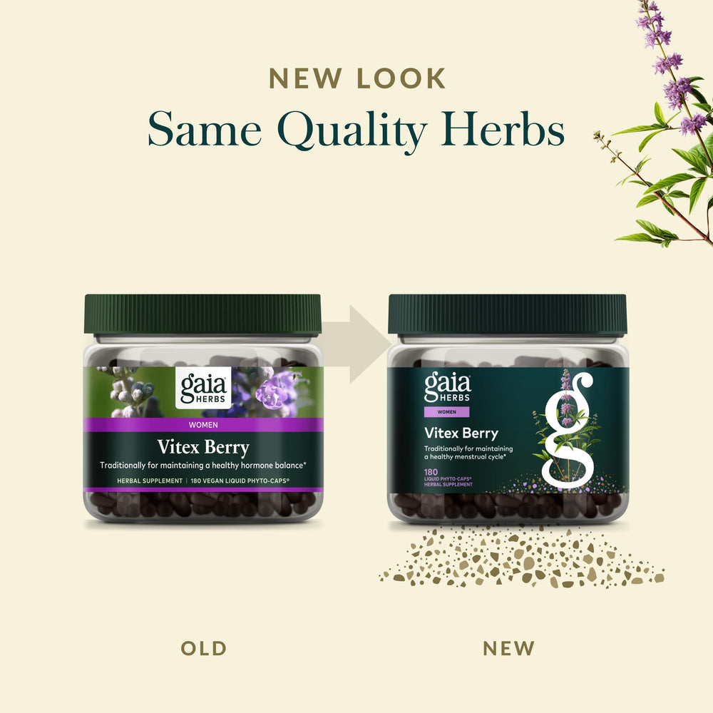 Gaia Herbs Vitex Berry vegan capsules emphasize plant-based formulation.