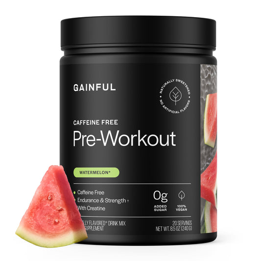 Gainful caffeine-free pre-workout tub with watermelon flavor for clean energy before training.