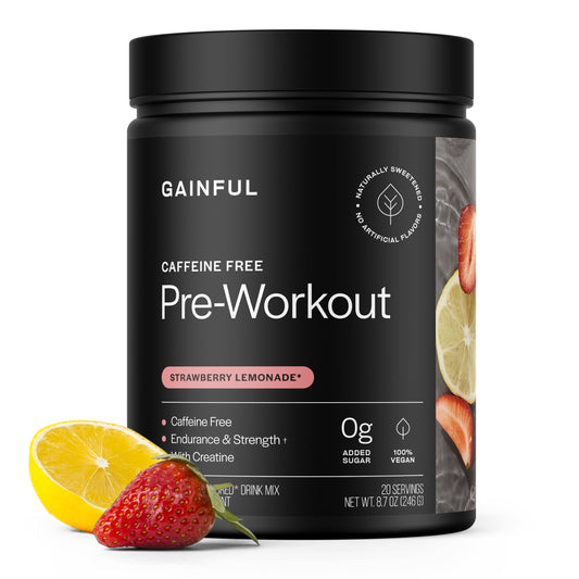 Gainful caffeine-free pre-workout strawberry lemonade tub ready for workouts with clean energy.