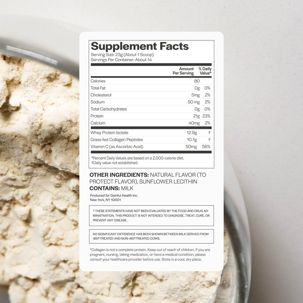 Gainful collagen whey ingredients view shows grass-fed collagen peptides for joints and skin hydration