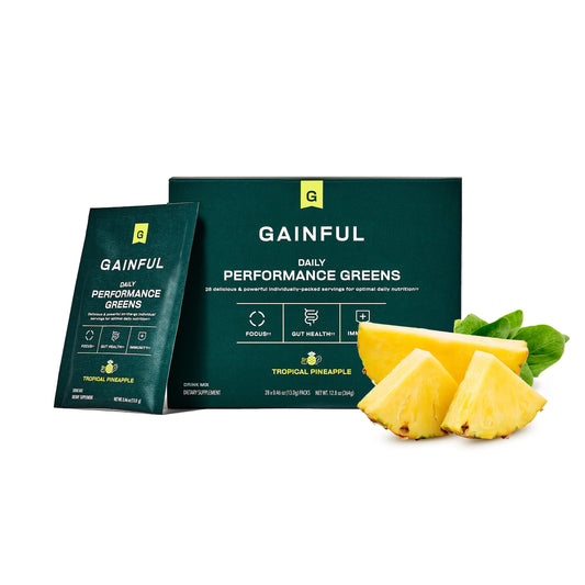 Gainful Daily Performance Greens coconut pineapple tub showing natural ingredients and flavor