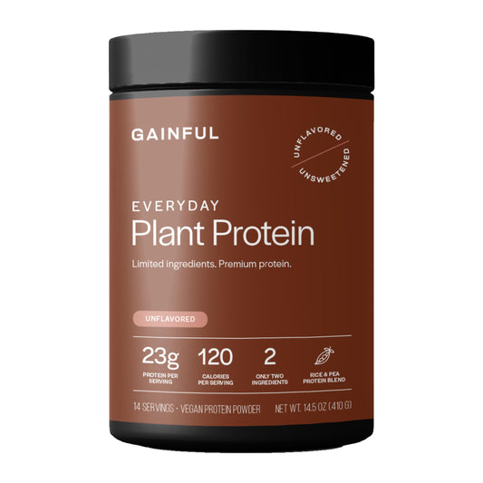 Gainful Everyday Plant Protein Powder unflavored bottle on kitchen counter for daily strength support.