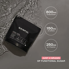 Gainful Hydration + Caffeine glass with ice suggesting cooling energy.