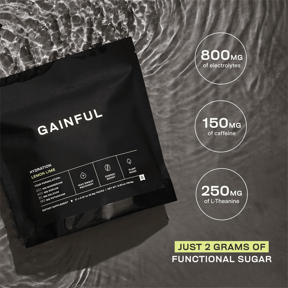 Gainful hydration caffeine packet and scoop on a kitchen counter.