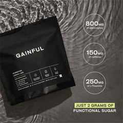 Gainful hydration caffeine packet and scoop on a kitchen counter.