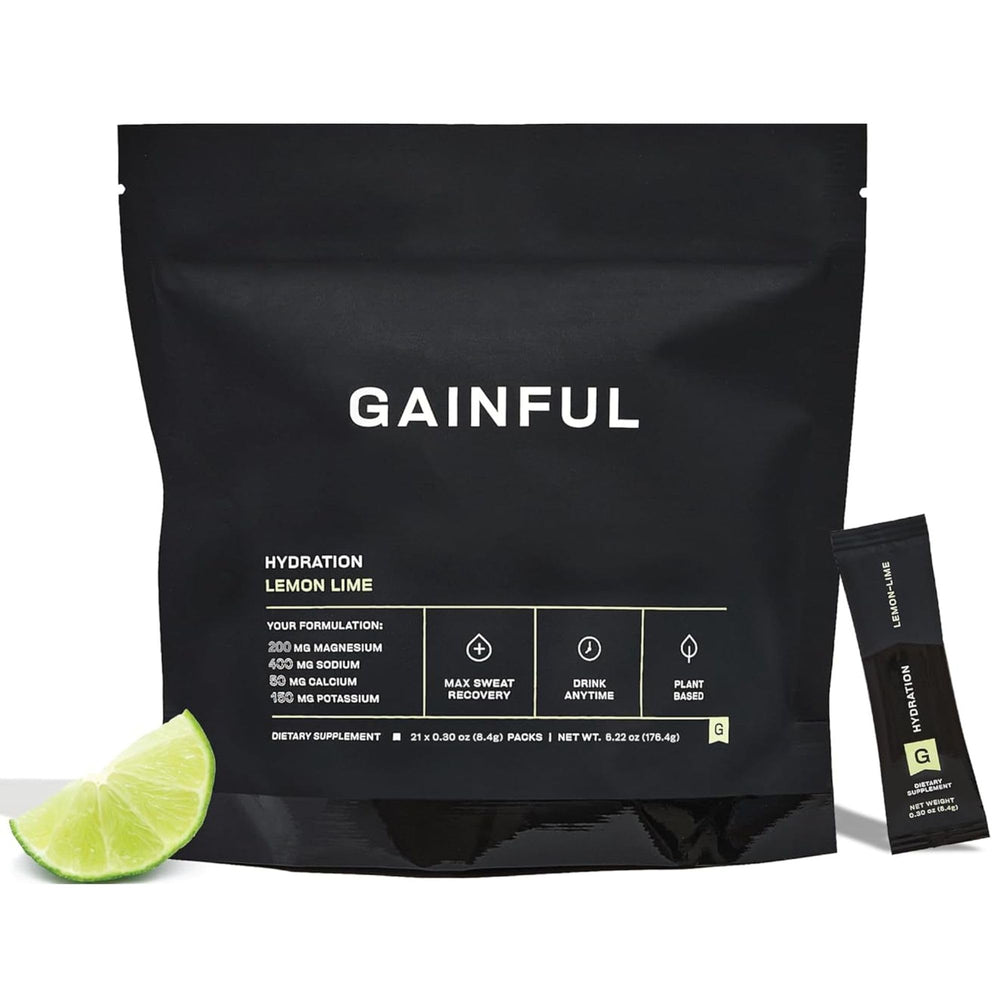 Gainful Hydration Lemon Lime packet shown for quick daily hydration during workouts.