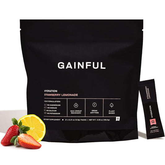 Gainful hydration packets packaging shown for convenient on-the-go hydration.