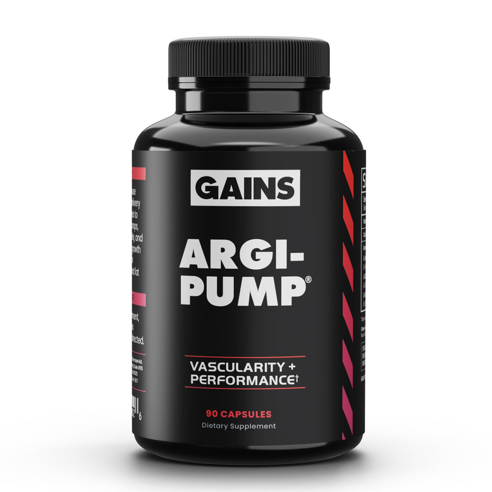 Gains in Bulk Argi-Pump bottle highlights arginine for nitric oxide support during workouts
