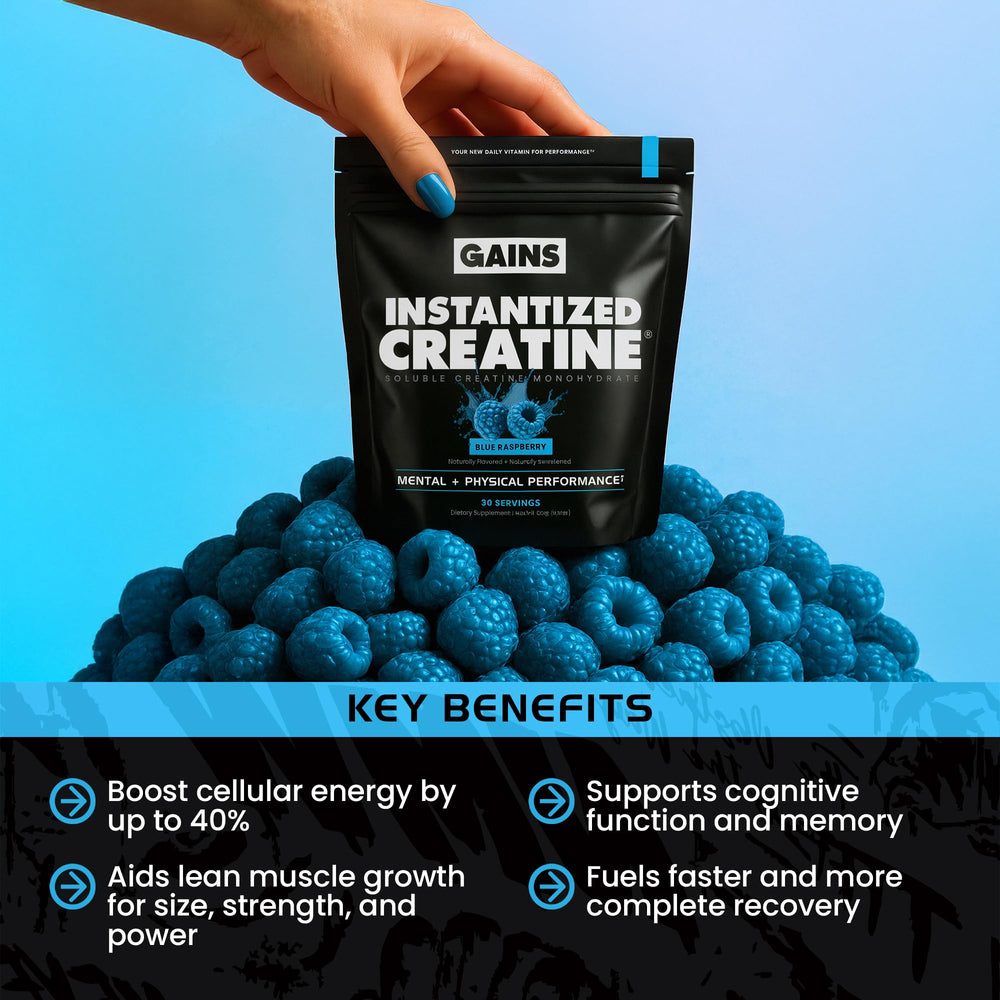 GAINS IN BULK blue raspberry creatine powder shown in a shaker for steady workouts.