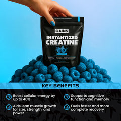 GAINS IN BULK blue raspberry creatine powder shown in a shaker for steady workouts.
