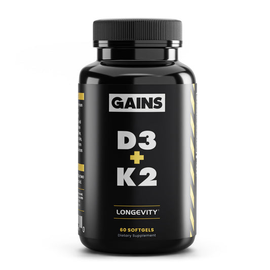 GAINS IN BULK D3 K2 algae oil softgels bottle for vegan daily wellness.