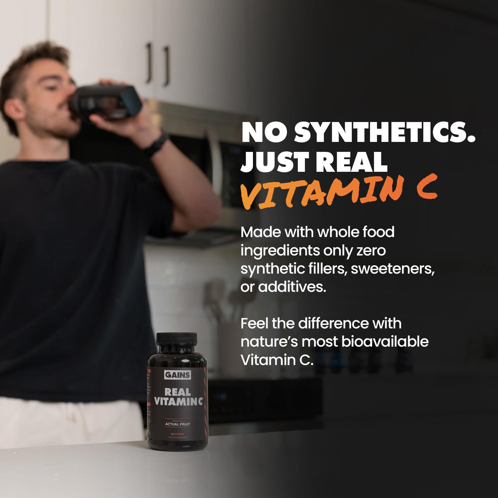 GAINS IN BULK Real Vitamin C chewable tablets closeup showing plant-based origin
