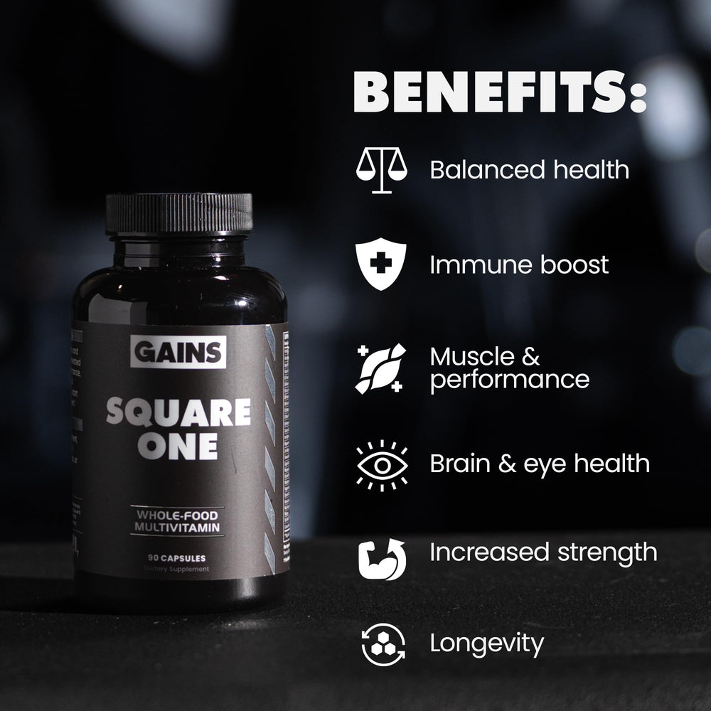 Gains in Bulk Square 1 label closeup shows whole-food vitamins and minerals.