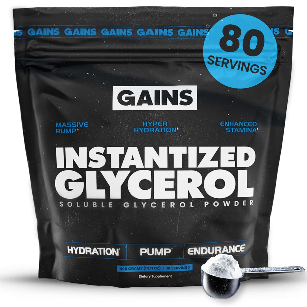 GAINS IN BULK instantized glycerol powder bottle for smooth, sugar-free hydration.