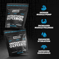 GAINS IN BULK glycerol powder scoop ready for pre-workout mixing.