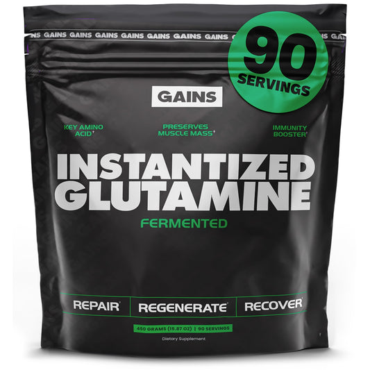 GAINS IN BULK L-Glutamine bottle on shelf indicating post-workout support.