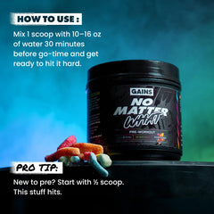 Gains in Bulk No Matter What full line banner promoting related supplements.