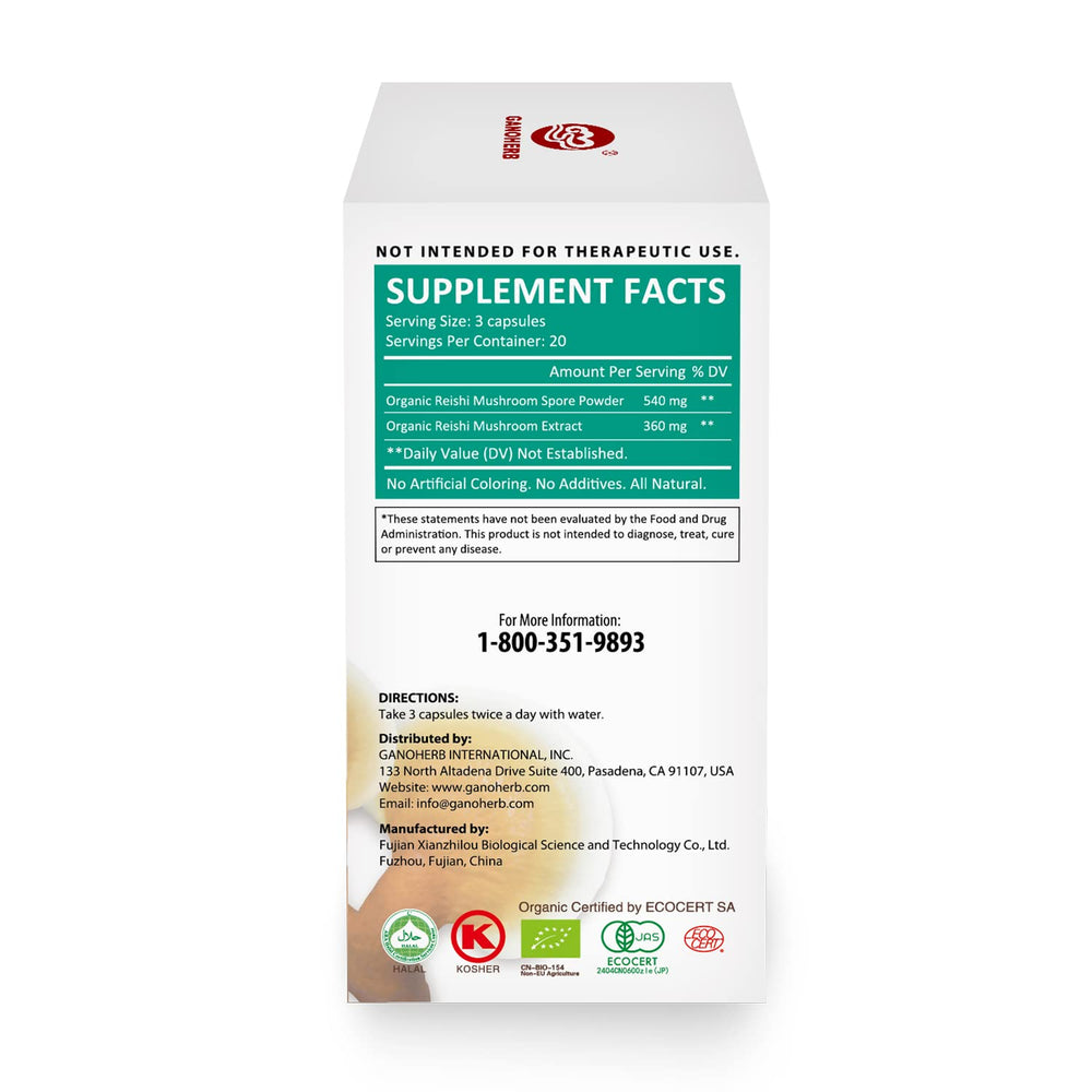 GANOHERB Vegan, Non-GMO, Gluten-Free label on packaging.